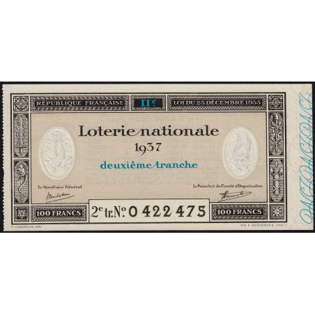 1937 - Loterie Nationale - 2e tranche - Etat : SPL