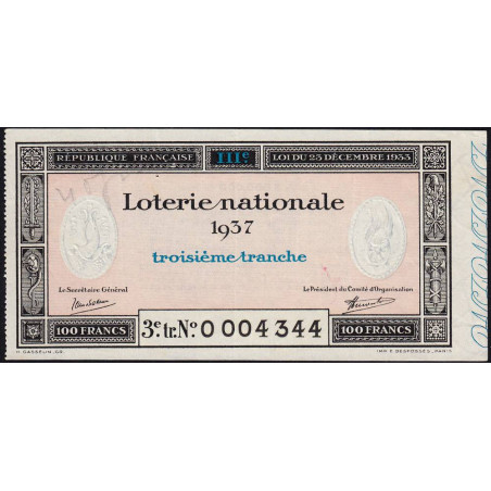 1937 - Loterie Nationale - 3e tranche - Etat : SUP