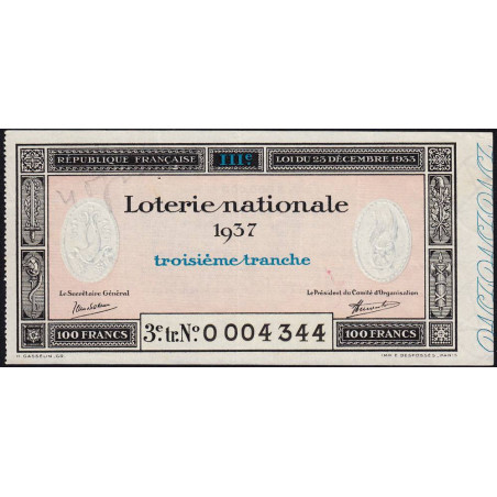 1937 - Loterie Nationale - 3e tranche - Entier - Etat : SUP