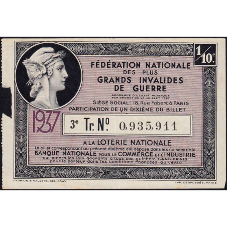 1937 - Loterie Nationale - 3e tranche - 1/10ème - Invalides de guerre - Etat : TB-