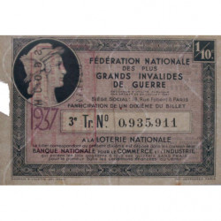 1937 - Loterie Nationale - 3e tranche - 1/10ème - Invalides de guerre - Etat : TB-