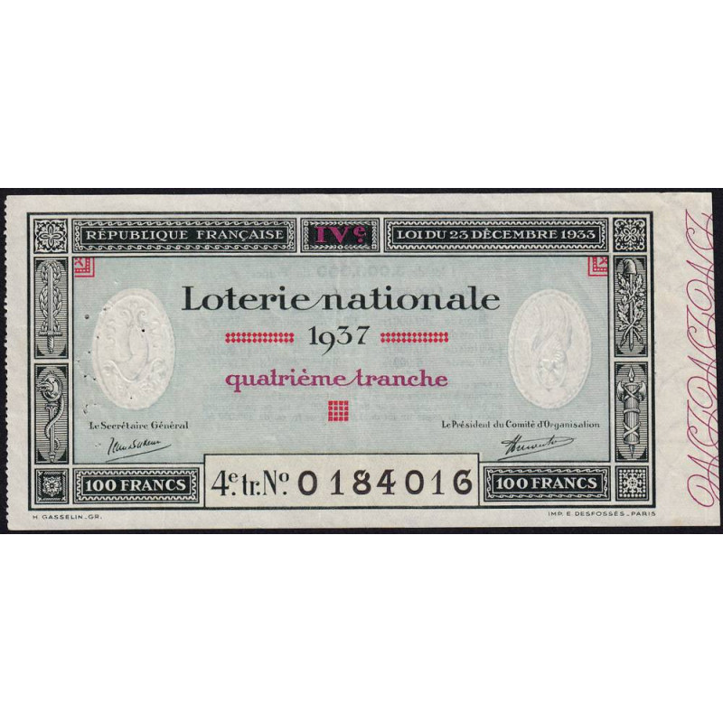 1937 - Loterie Nationale - 4e tranche - Etat : TTB
