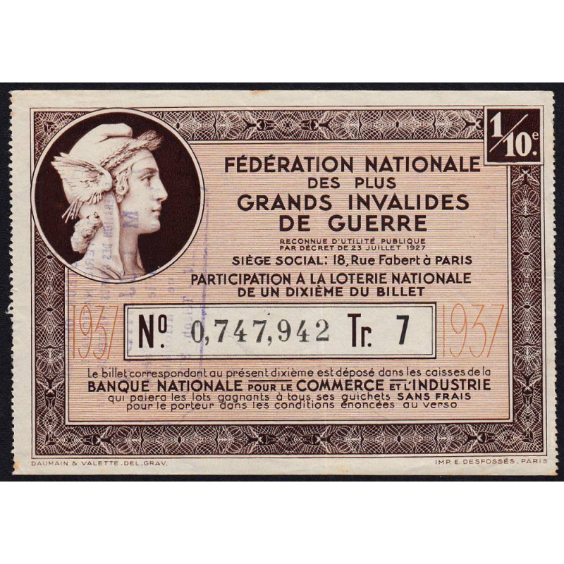 1937 - Loterie Nationale - 7e tranche - 1/10ème - Invalides de guerre - Etat : TTB+