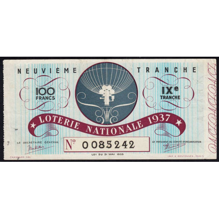 1937 - Loterie Nationale - 9e tranche - Entier - Etat : TTB
