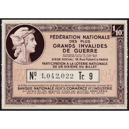 1937 - Loterie Nationale - 9e tranche - 1/10ème - Invalides de guerre - Etat : SUP