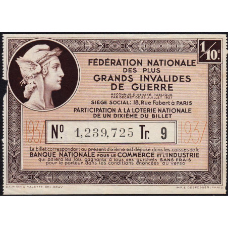 1937 - Loterie Nationale - 9e tranche - 1/10ème - Invalides de guerre - Etat : TB