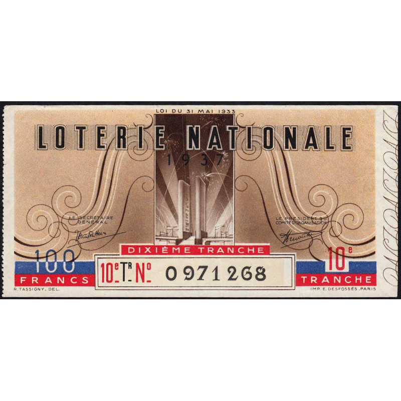 1937 - Loterie Nationale - 10e tranche - Entier - Etat : TTB
