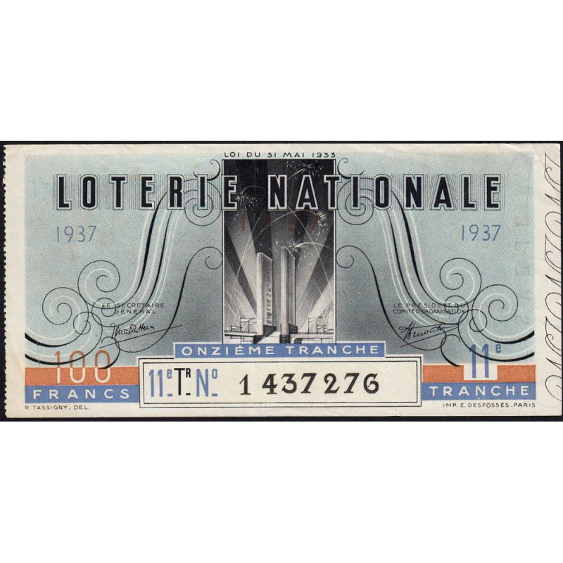 1937 - Loterie Nationale - 11e tranche - Etat : TTB