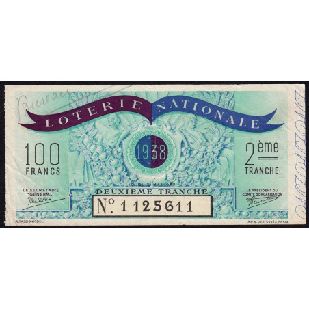 1938 - Loterie Nationale - 2e tranche - Entier - Etat : TB+