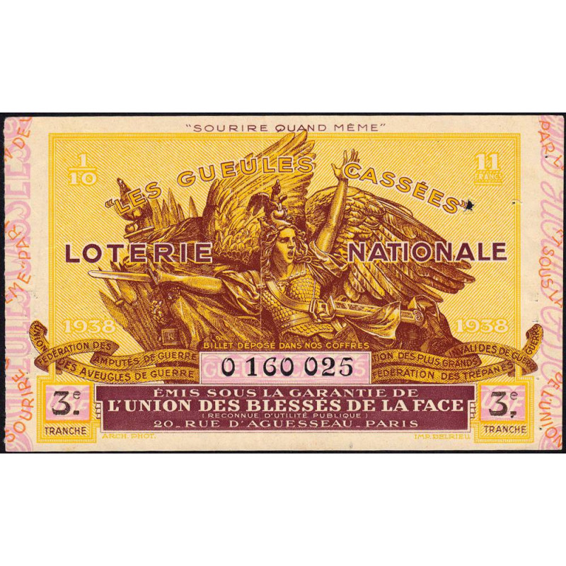 1938 - Loterie Nationale - 3e tranche - 1/10ème - Gueules cassées - Etat : TTB