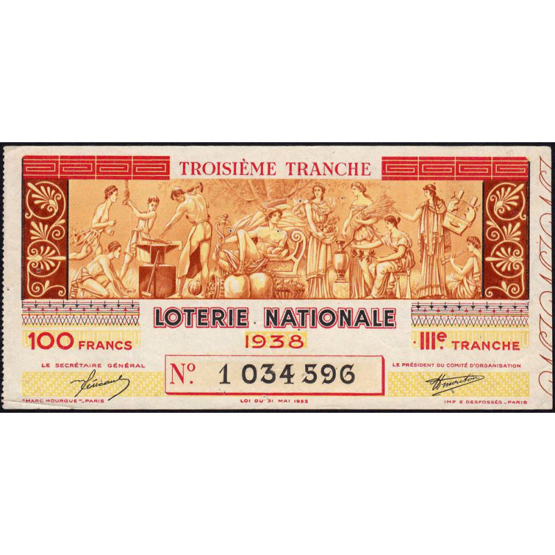 1938 - Loterie Nationale - 3e tranche - Entier - Etat : TTB