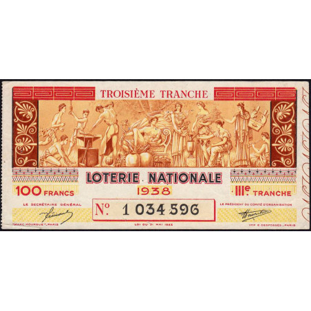 1938 - Loterie Nationale - 3e tranche - Entier - Etat : TTB