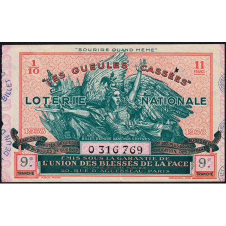 1938 - Loterie Nationale - 9e tranche - 1/10ème - Gueules cassées - Etat : TTB
