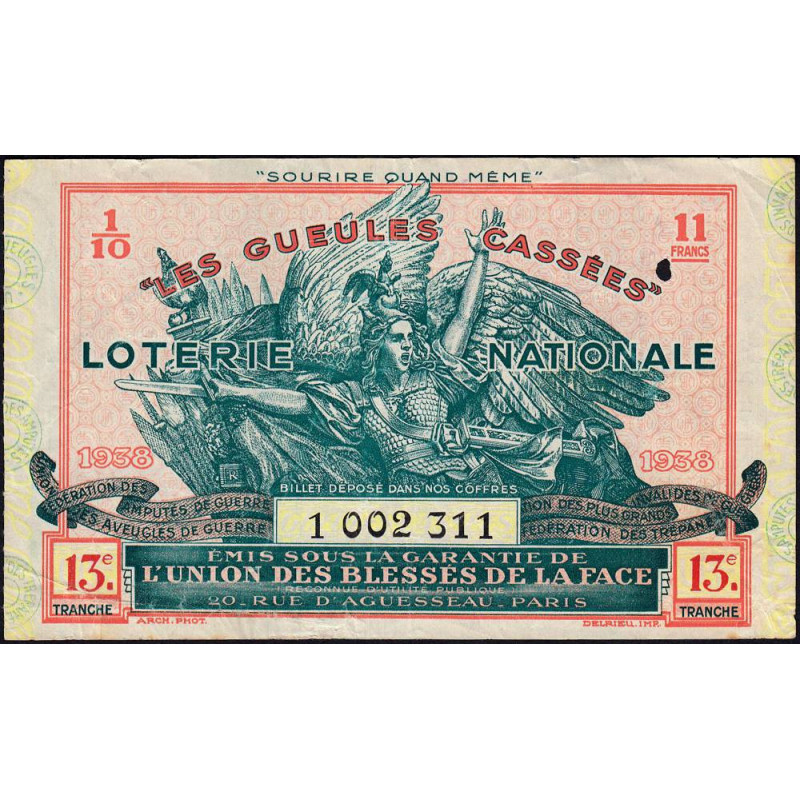 1938 - Loterie Nationale - 13e tranche - 1/10ème - Gueules cassées - Etat : TB+
