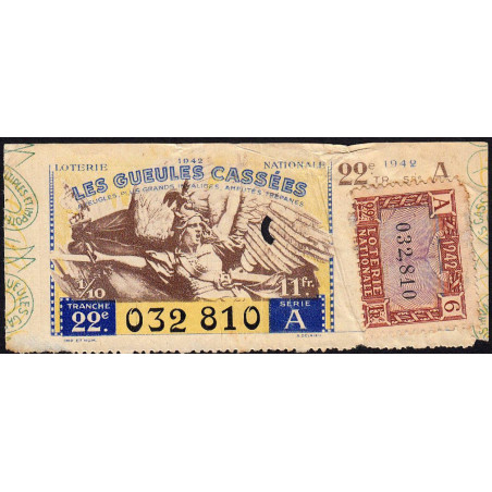 1942 - Loterie Nationale - 16e tranche - 1/10ème - Gueules cassées - Etat : TB