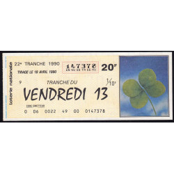 1990 - Loterie Nationale - 22e tranche - 1/10ème - Vendredi 13