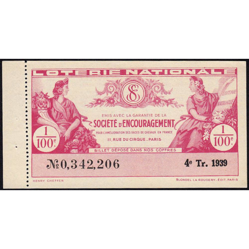 1939 - Loterie Nationale - 4e tranche - 1/100ème - Société d'Encouragement - Etat : SPL