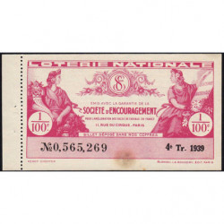 1939 - Loterie Nationale - 4e tranche - 1/100ème - Société d'Encouragement - Etat : TTB