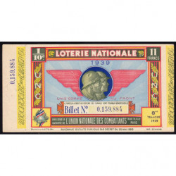 1939 - Loterie Nationale - 8e tranche - 1/10ème - Union Nat. des Combattants - Etat : SUP+