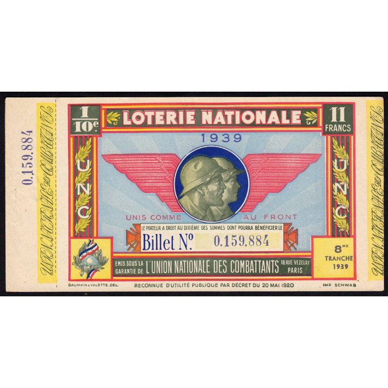 1939 - Loterie Nationale - 8e tranche - 1/10ème - Union Nat. des Combattants - Etat : SUP+