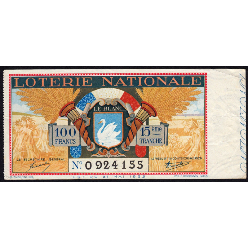 1939 - Loterie Nationale - 15e tranche - Entier - Etat : TB+