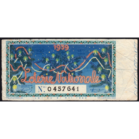 1939 - Loterie Nationale - 18e tranche - Entier - Etat : TB-