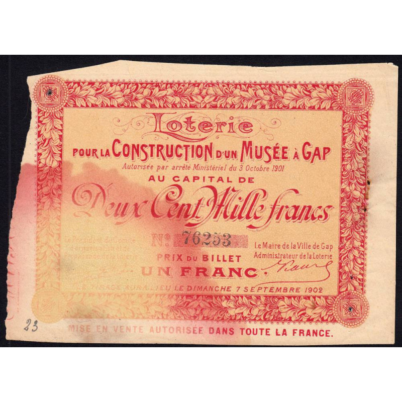 1902 - Loterie - Construction d'un Musée à Gap - 1 franc - Etat : B