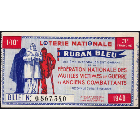 1940 - Loterie Nationale - 3e tranche - 1/10ème - Ruban bleu - Etat : SUP+