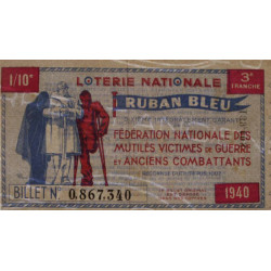 1940 - Loterie Nationale - 3e tranche - 1/10ème - Ruban bleu - Etat : SUP+