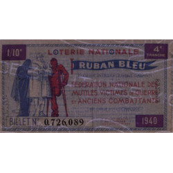 1940 - Loterie Nationale - 4e tranche - 1/10ème - Ruban bleu - Etat : SUP
