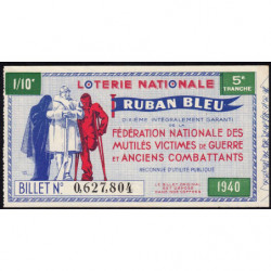 1940 - Loterie Nationale - 5e tranche - 1/10ème - Ruban bleu - Etat : SPL