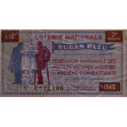 1940 - Loterie Nationale - 7e tranche - 1/10ème - Ruban bleu - Etat : SUP