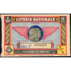 1940 - Loterie Nationale - 8e tranche - 1/10ème - Union Nat. des Combattants - Etat : SUP