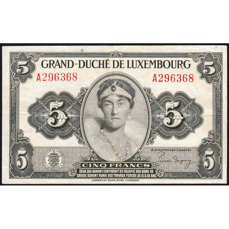 Luxembourg - Pick 43b - 5 francs - Série A - 1944 - Etat : TTB-