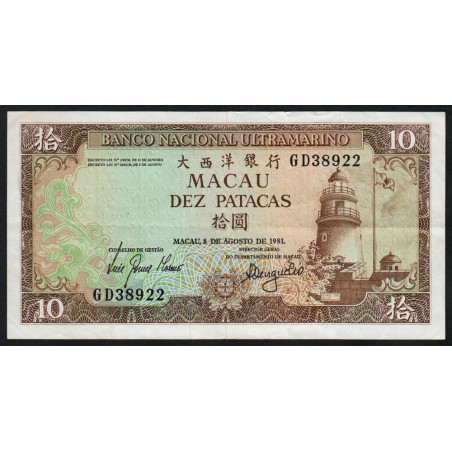 Chine - Macao - Pick 59b_3 - 10 patacas - Série GD - 08/08/1981 - Etat : TTB+