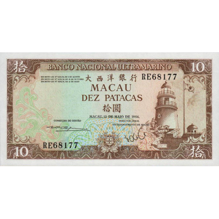 Chine - Macao - Pick 59e_3 - 10 patacas - Série RE - 12/05/1984 - Etat : NEUF