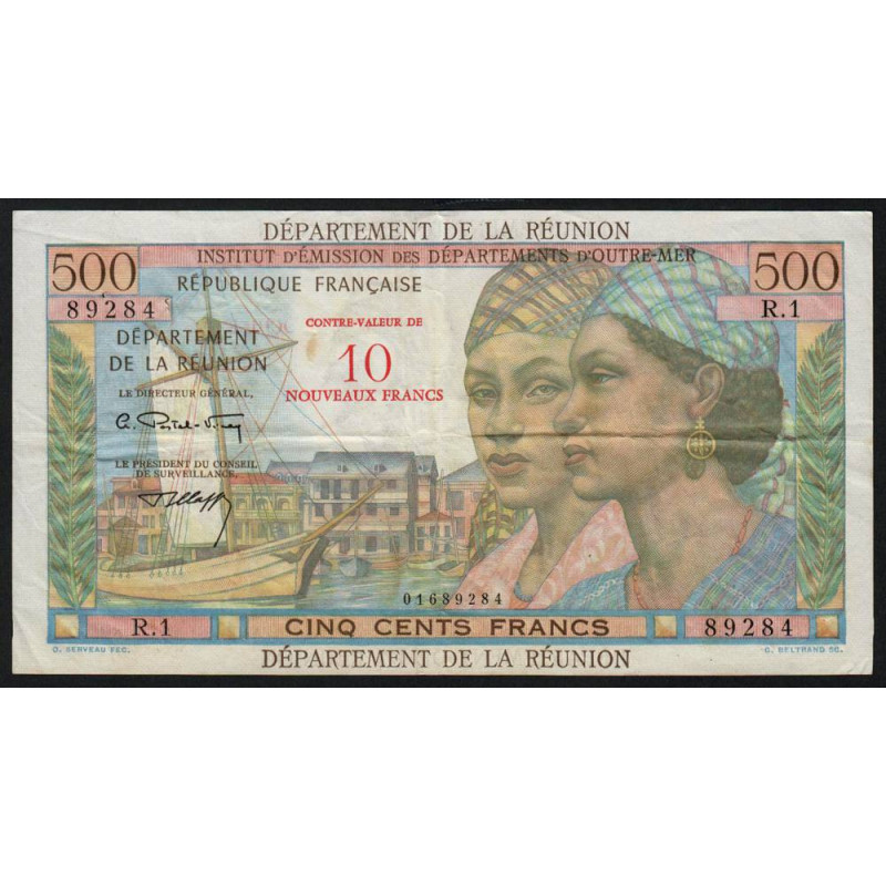 La Réunion - Pick 54b - 10 nouv. francs sur 500 francs - Série R.1 - 1971 - Etat : TTB-