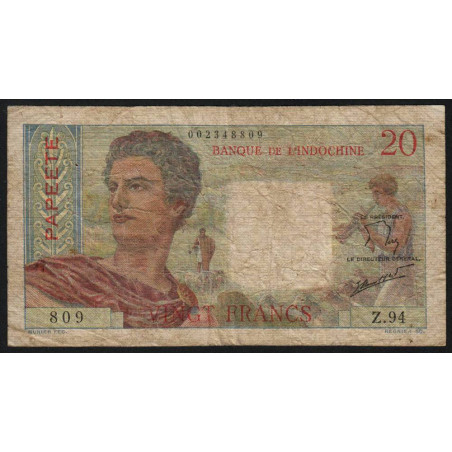 Tahiti - Papeete - Pick 21c - 20 francs Série Z.94 - 1962 - Etat : B