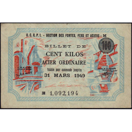 100 kg acier ordinaire - 31/03/1949 - Endossé - Série JM - Etat : SUP