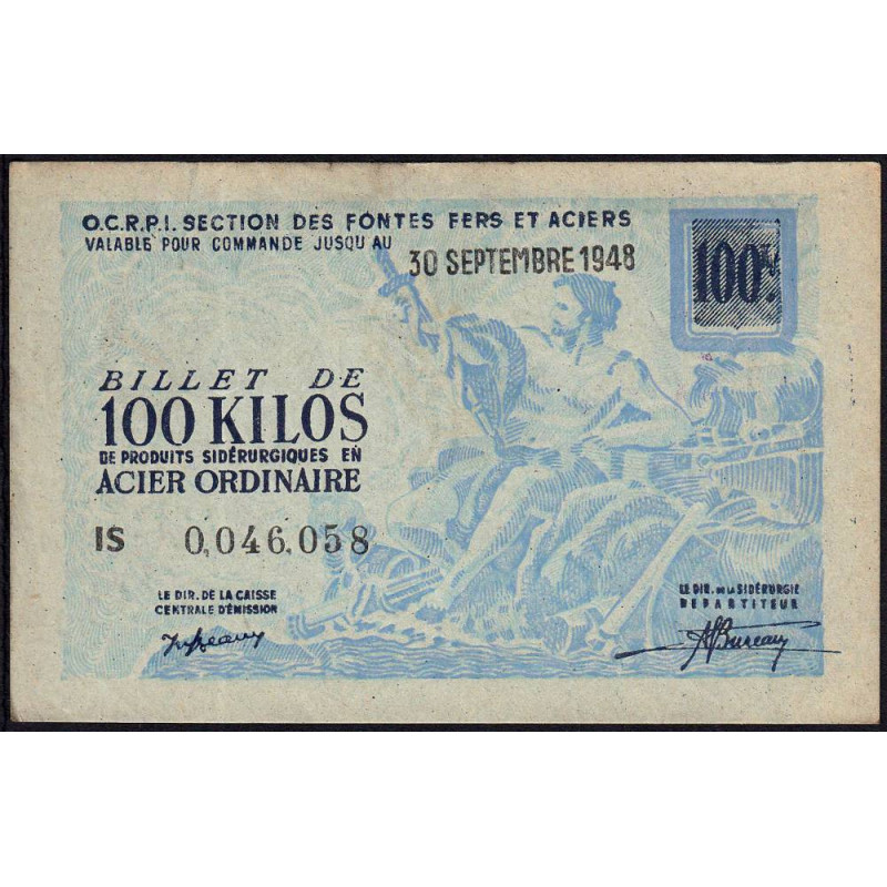 100 kg acier ordinaire - 30/09/1948 - Endossé - Série IS - Etat : TTB+