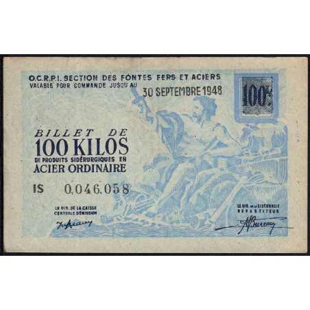 100 kg acier ordinaire - 30/09/1948 - Endossé - Série IS - Etat : TTB+