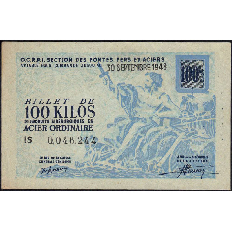 100 kg acier ordinaire - 30/09/1948 - Endossé - Série IS - Etat : SPL
