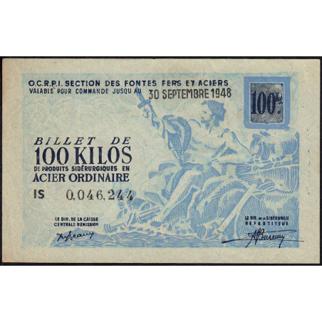 100 kg acier ordinaire - 30/09/1948 - Endossé - Série IS - Etat : SPL