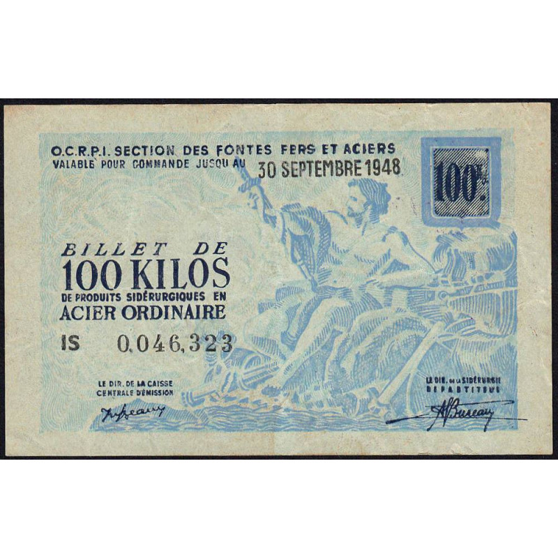 100 kg acier ordinaire - 30/09/1948 - Endossé - Série IS - Etat : TTB