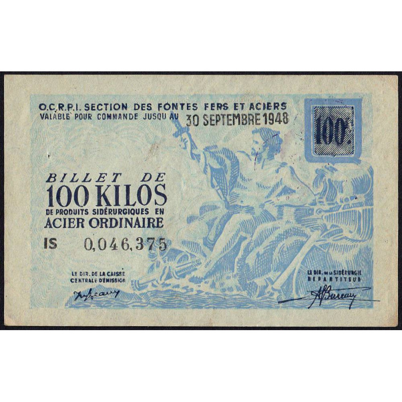 100 kg acier ordinaire - 30/09/1948 - Endossé - Série IS - Etat : SUP