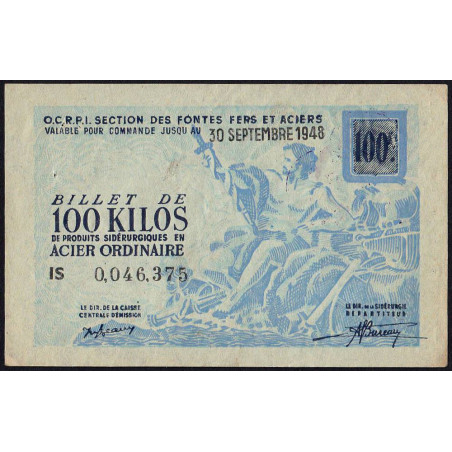 100 kg acier ordinaire - 30/09/1948 - Endossé - Série IS - Etat : SUP