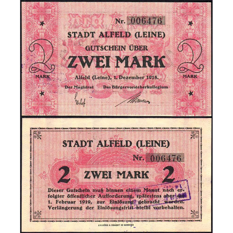 Allemagne - Notgeld - Alfeld - 2 mark - 01/12/1918 - Etat : SPL