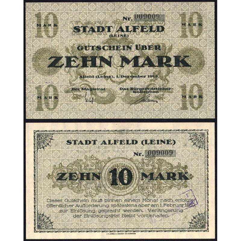 Allemagne - Notgeld - Alfeld - 10 mark - 01/12/1918 - Etat : NEUF