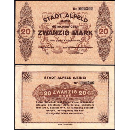 Allemagne - Notgeld - Alfeld - 20 mark - 01/12/1918 - Etat : SUP