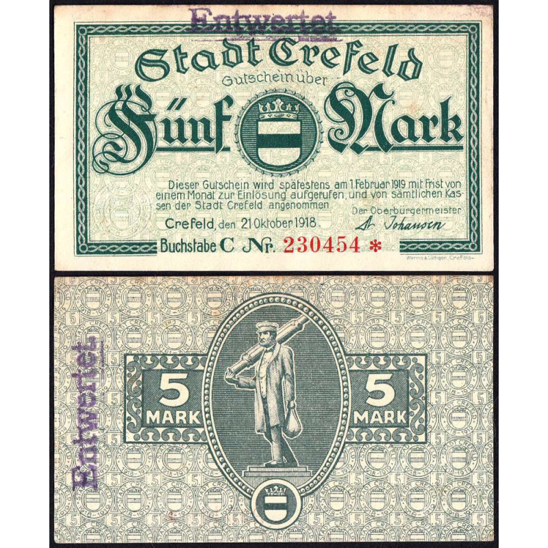 Allemagne - Notgeld - Crefeld - 5 mark - Série C - 21/10/1918 - Sans valeur - Etat : SUP+